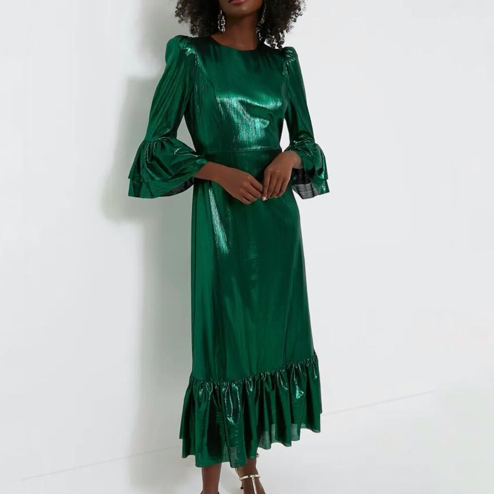 NEW Tuckernuck Lillith Maxi Dress Emerald Green Crinkle Lurex Medium $188